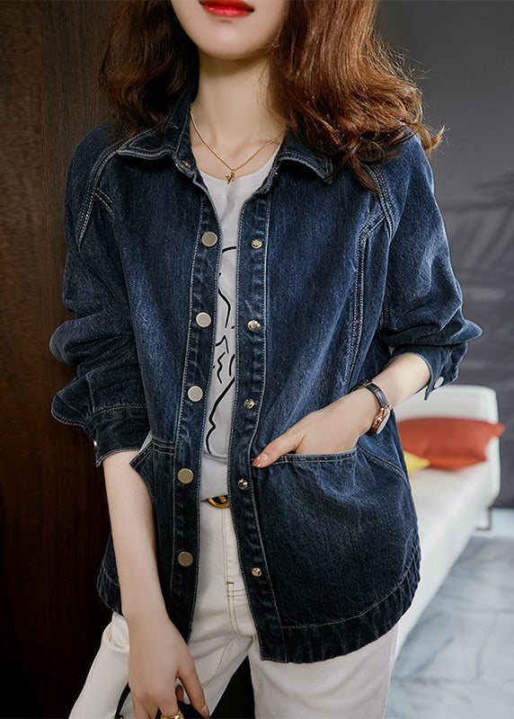 Luvik | Denim-patchwork-jakke med Peter Pan-krage og mørkeblå lommer