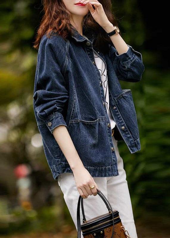 Luvik | Denim-patchwork-jakke med Peter Pan-krage og mørkeblå lommer
