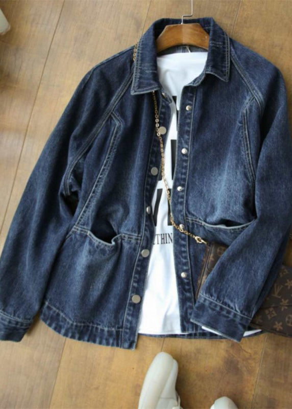 Luvik | Denim-patchwork-jakke med Peter Pan-krage og mørkeblå lommer