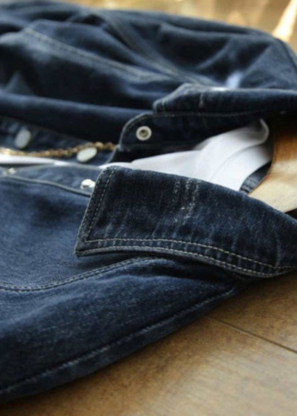 Luvik | Denim-patchwork-jakke med Peter Pan-krage og mørkeblå lommer