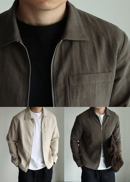 Luvik | Miesten oliivinvihreä pellavatakki, jossa on vetoketju ja taskut