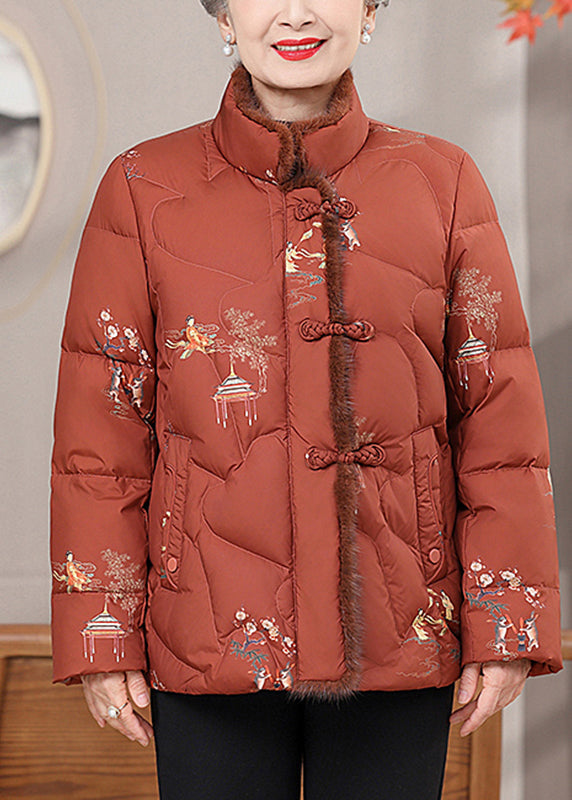 Luvik | Lämpimät talvitakit ohuesta puuvillasta painetulla napilla oranssilla tekoturkistakilla