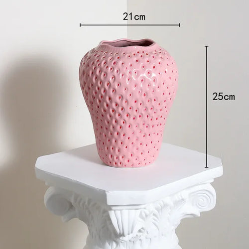 Keramisk vase i jordbærdesign, dekorativ blomsterkrukke for stue og kjøkken | Luvikno