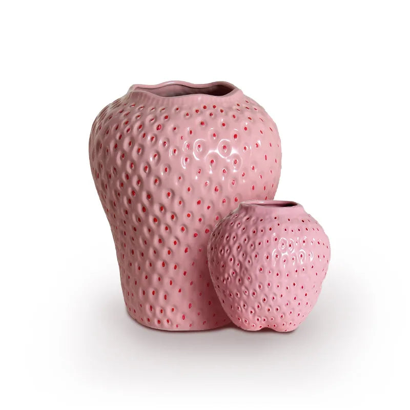 Keramisk vase i jordbærdesign, dekorativ blomsterkrukke for stue og kjøkken | Luvikno