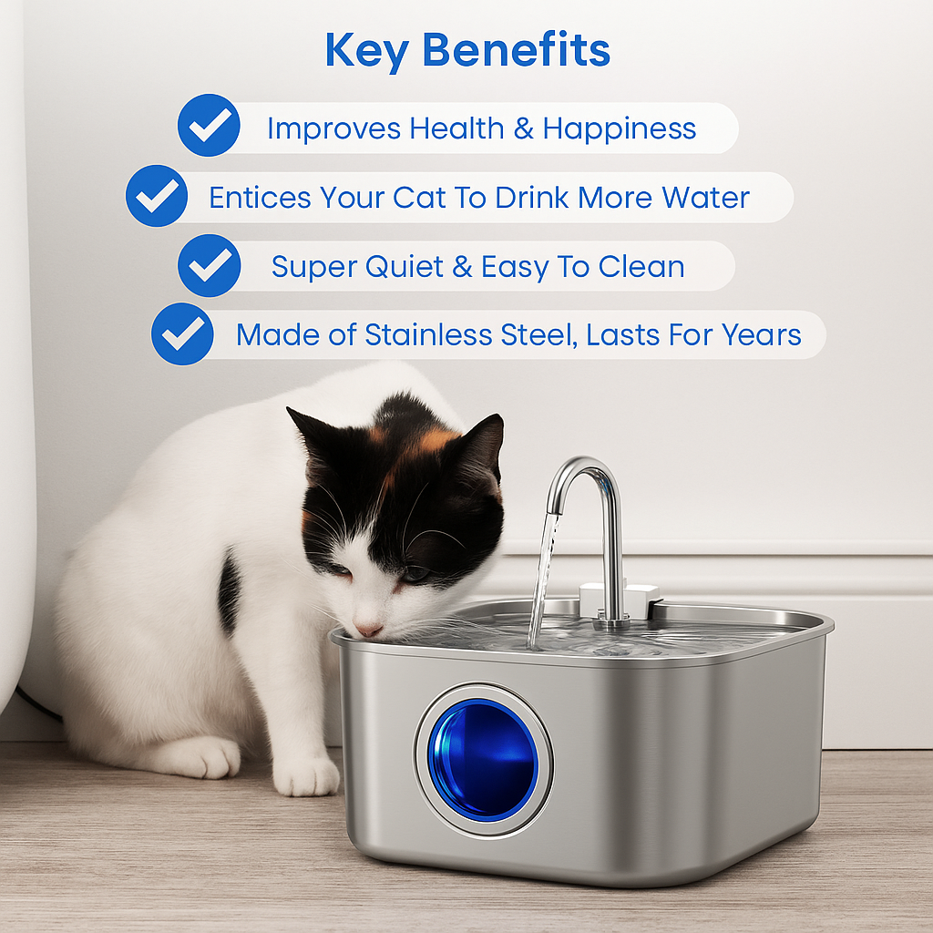 Luvikno | Felindra Katte Drikkefontene Laget av Rustfritt Stål | Strømmende Vann for Bedre Hydrering | Stille & Hygienisk | 2,5 L Kapasitet