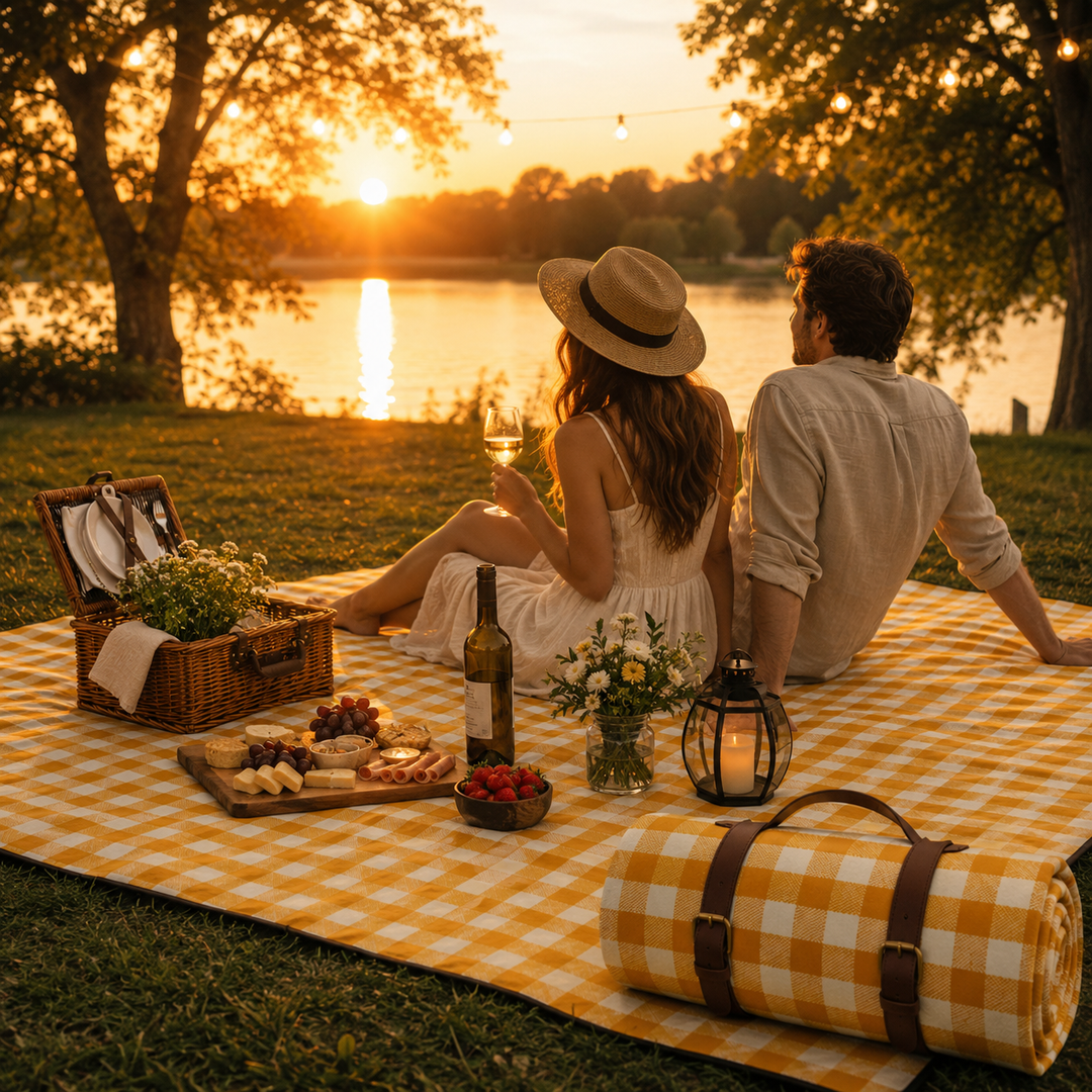 Picnicteppe vannavstøtende med lærbærerem | Luvikno