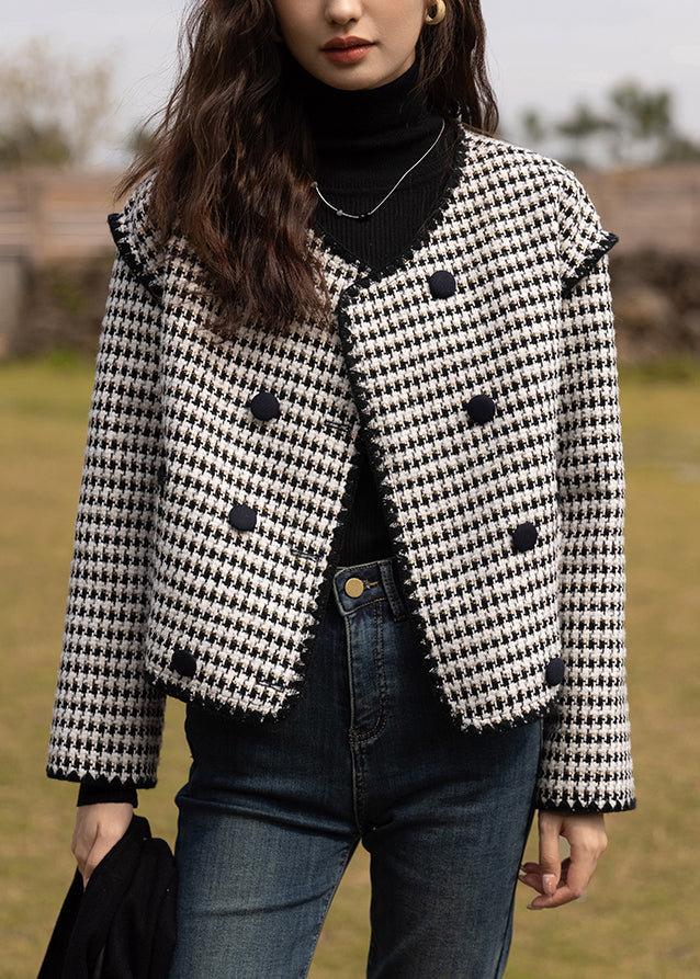 Luvik | Mustasta puuvillasta valmistettu patchwork-takki O-kauluksella ja kaksinkertaisella rinnalla