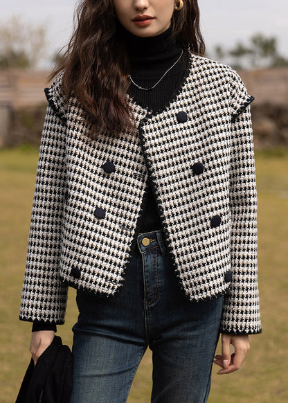 Luvik | Mustasta puuvillasta valmistettu patchwork-takki O-kauluksella ja kaksinkertaisella rinnalla