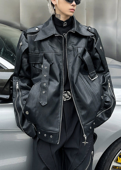 Luvik | Miesten musta keinonahkatakki, jossa on vetoketju ja Peter Pan -kaulus