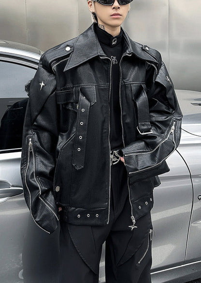 Luvik | Miesten musta keinonahkatakki, jossa on vetoketju ja Peter Pan -kaulus