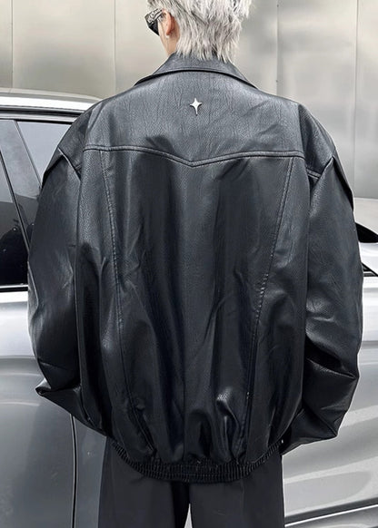 Luvik | Miesten musta keinonahkatakki, jossa on vetoketju ja Peter Pan -kaulus