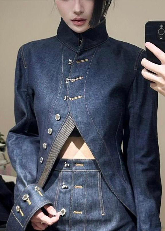 Luvik | Sininen korkeakauluksinen epäsymmetrinen denim-patchwork-takkien ja hameiden kaksiosainen asu