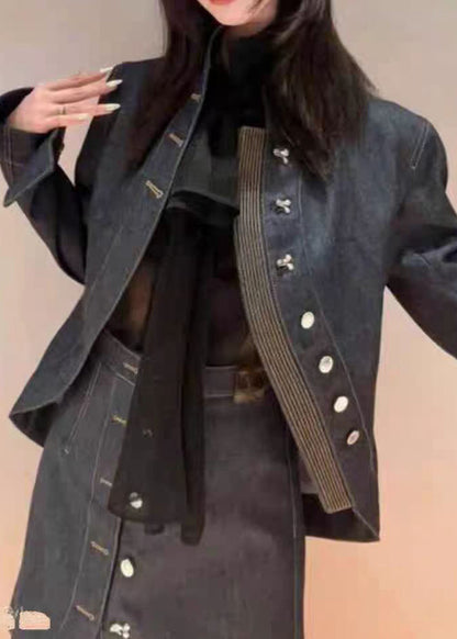 Luvik | Sininen korkeakauluksinen epäsymmetrinen denim-patchwork-takkien ja hameiden kaksiosainen asu