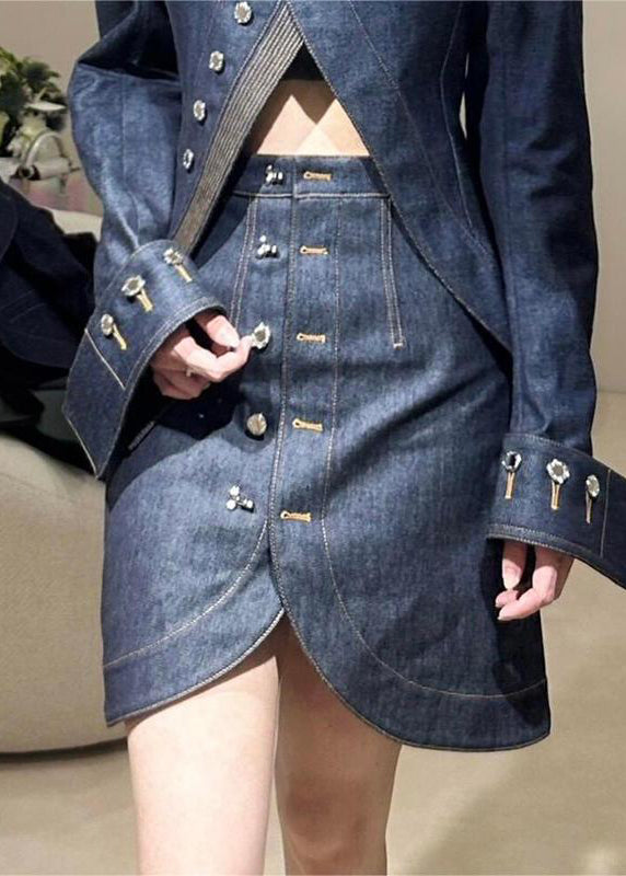 Luvik | Blå høyhalset asymmetrisk denim-lappverk jakker og skjørt to-delt sett