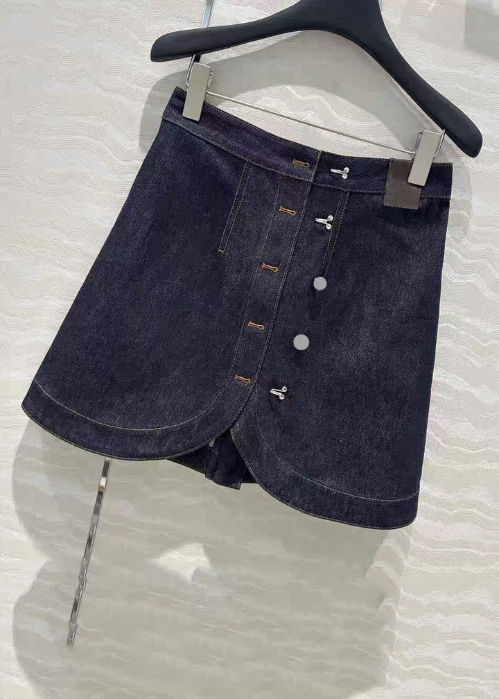 Luvik | Blå høyhalset asymmetrisk denim-lappverk jakker og skjørt to-delt sett
