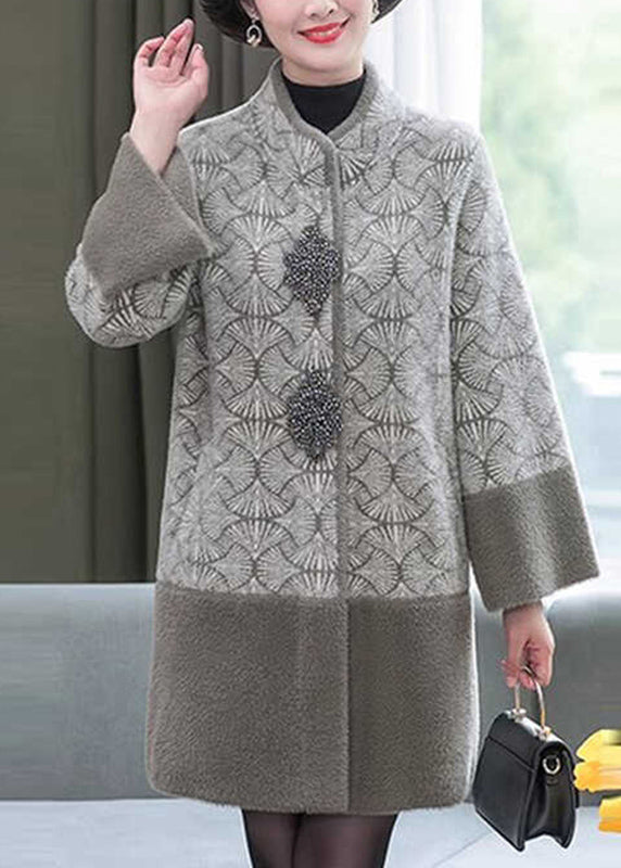 Luvik | Mink fleece coats with high collar printed grey patchwork