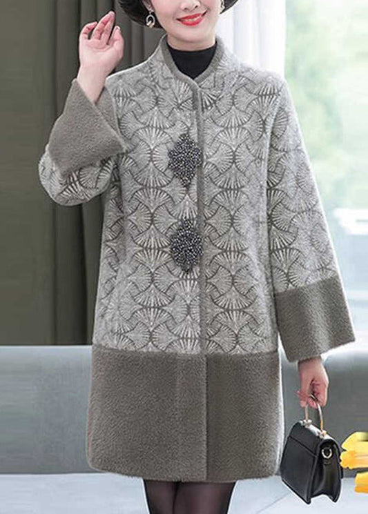 Luvik | Mink fleece coats with high collar printed grey patchwork