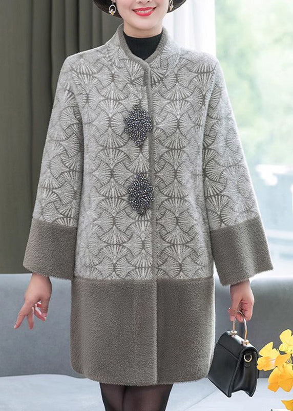 Luvik | Mink fleece jakker med høy krage trykt grå patchwork