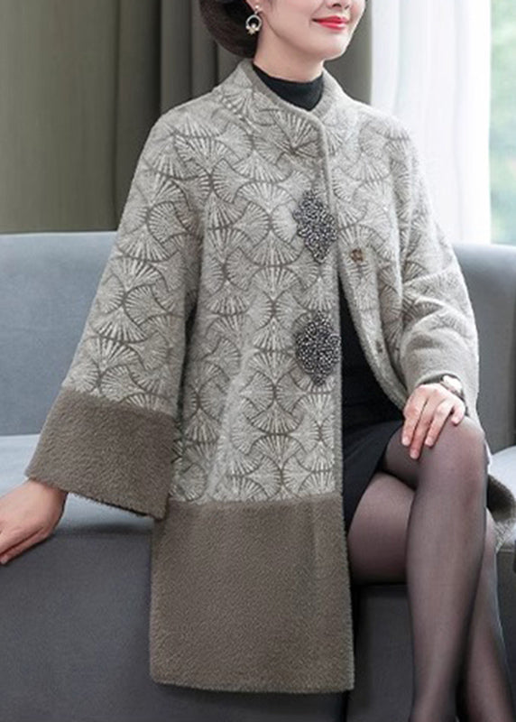 Luvik | Mink fleece jakker med høy krage trykt grå patchwork