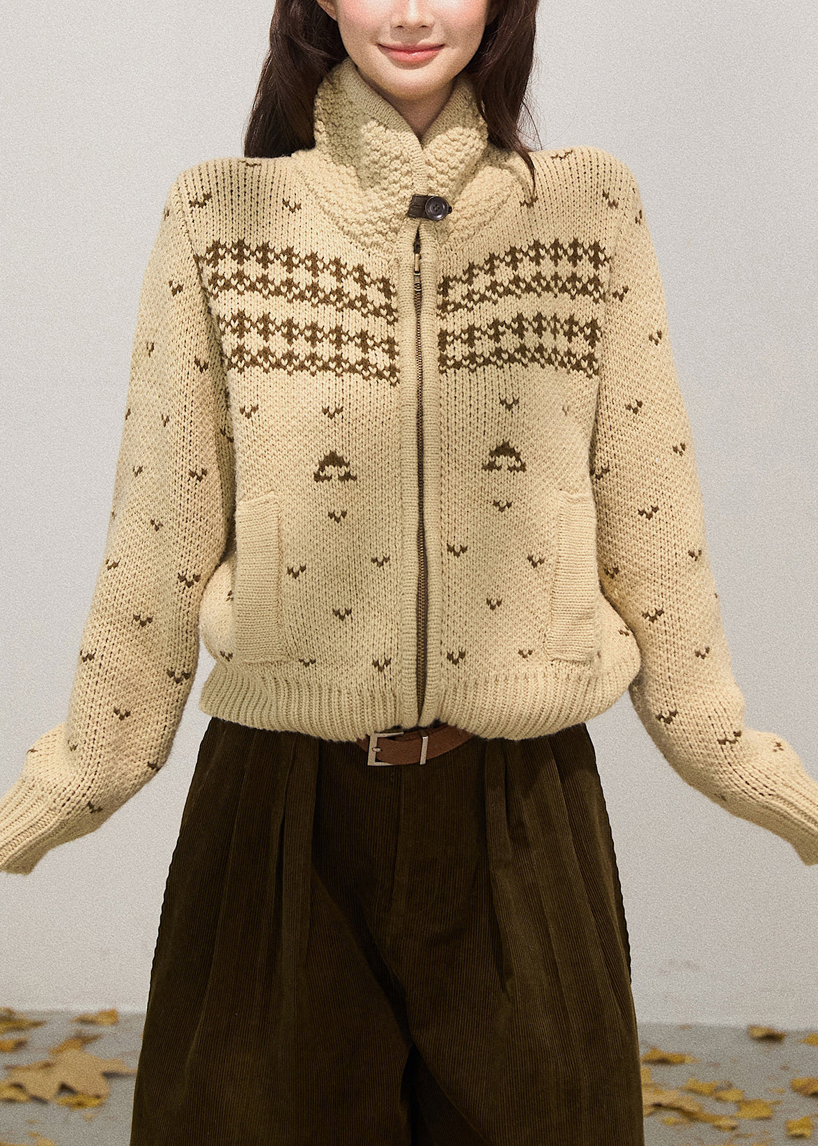 Luvik | Khaki korkea kaulus vetoketjullinen neuleliivi