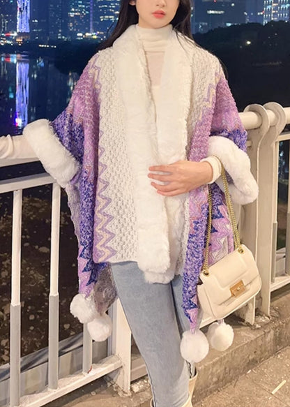 Luvik | Lila V-avokas Fuzzy Ball Patchwork Trikoo Viitta Takki