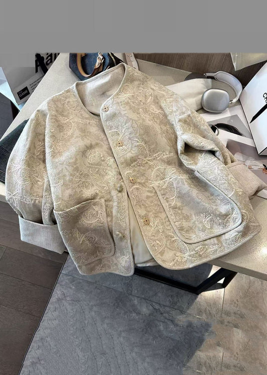 Luvik | Tyylikäs Beige Brodeeratut Napit Taskut Puuvilla Takit