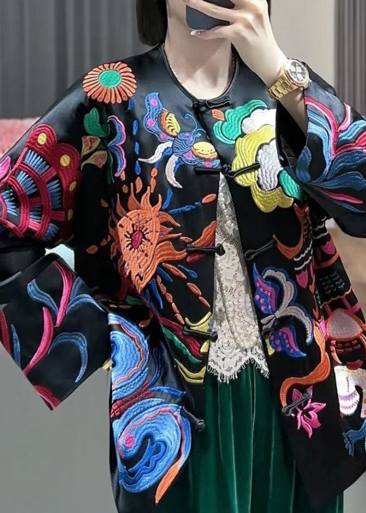 Luvik | Stilig Svart Broderi Knapper Silke Jakker