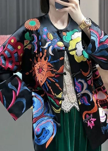 Luvik | Stilig Svart Broderi Knapper Silke Jakker