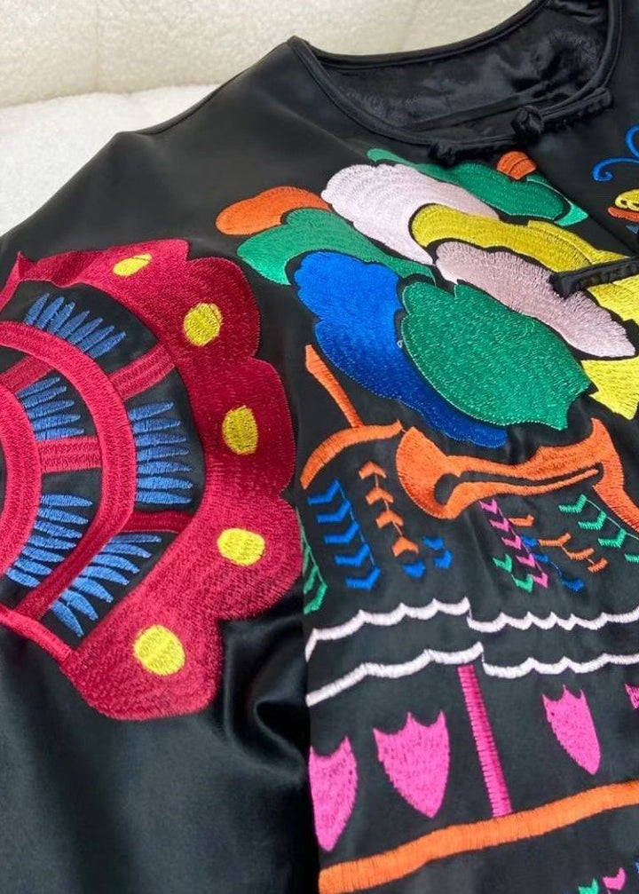 Luvik | Stilig Svart Broderi Knapper Silke Jakker