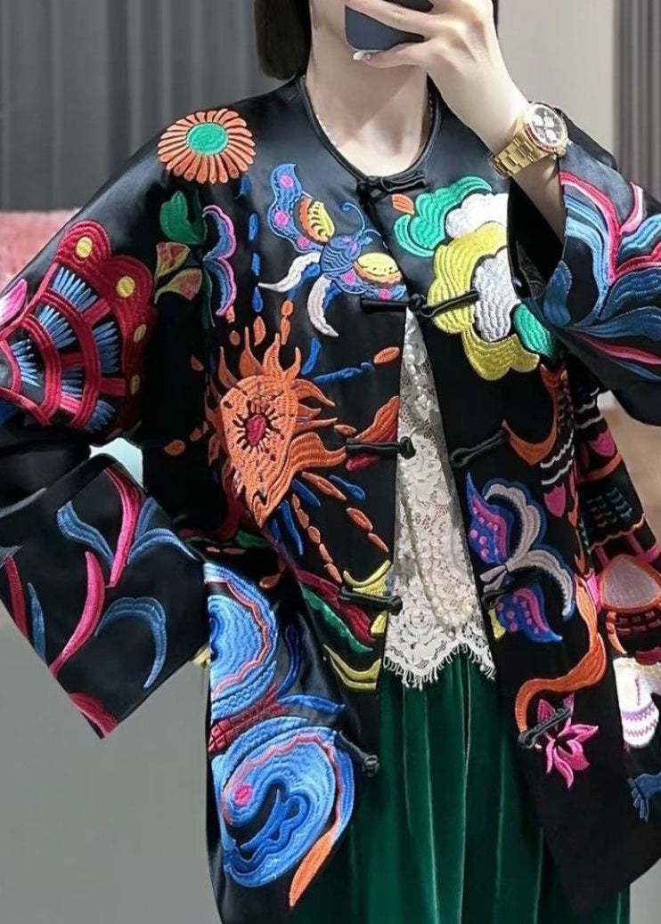 Luvik | Stilig Svart Broderi Knapper Silke Jakker
