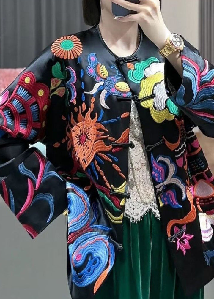 Luvik | Stilig Svart Broderi Knapper Silke Jakker