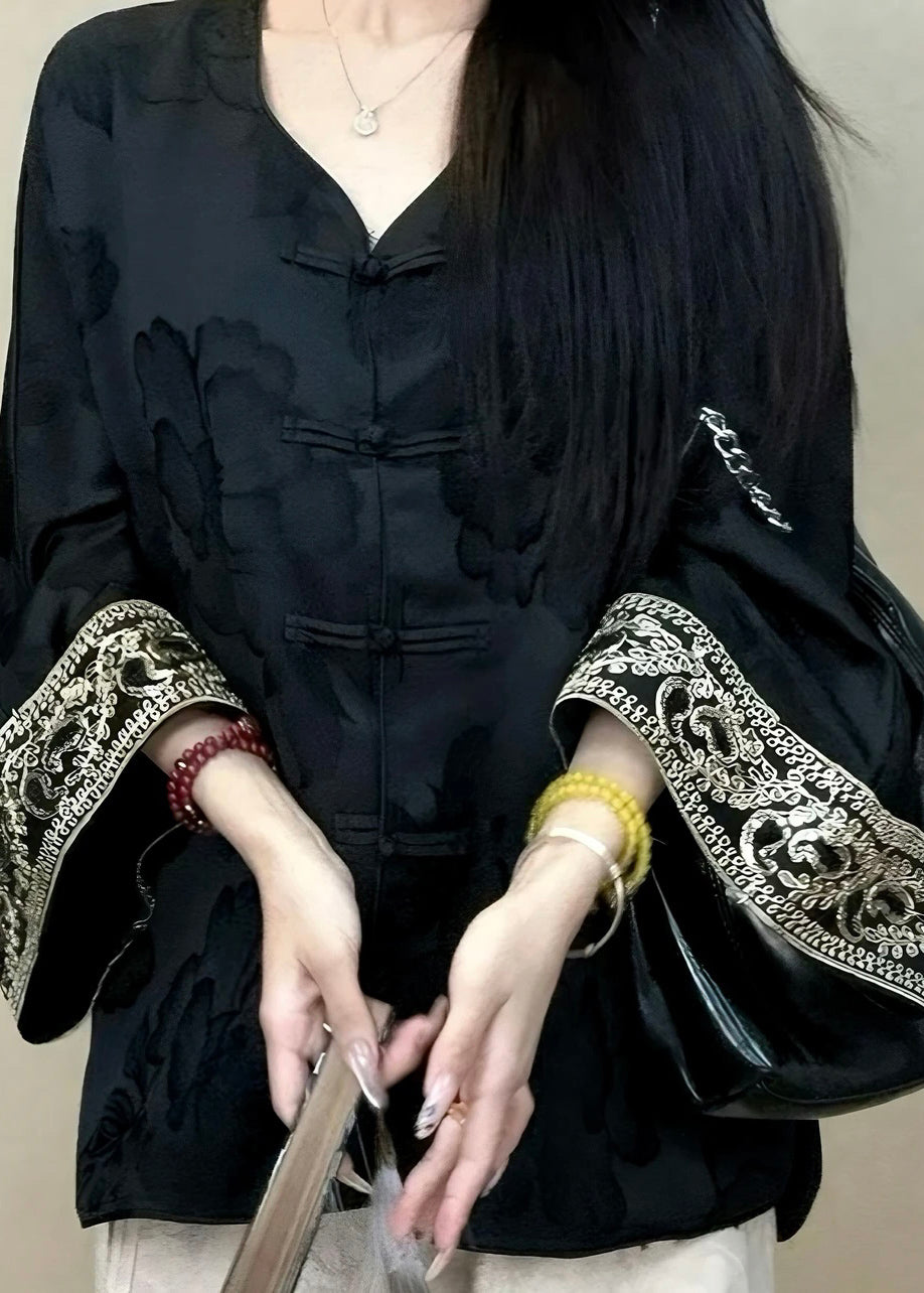 Luvik | Tyylikäs Musta Pyöreä Kaula Jacquard Nappi Silkkitakit Pitkät Hihat