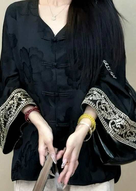 Luvik | Tyylikäs Musta Pyöreä Kaula Jacquard Nappi Silkkitakit Pitkät Hihat