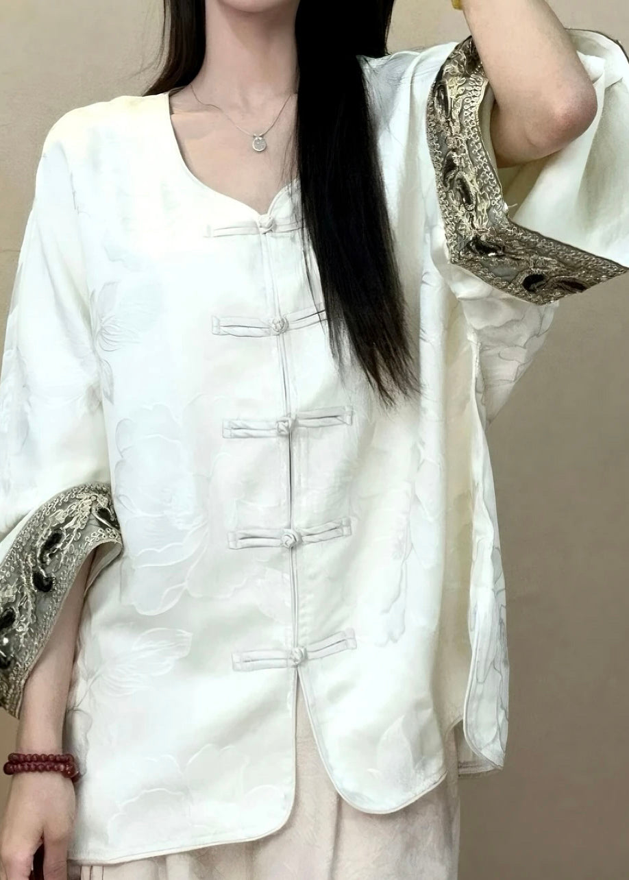 Luvik | Tyylikäs Musta Pyöreä Kaula Jacquard Nappi Silkkitakit Pitkät Hihat