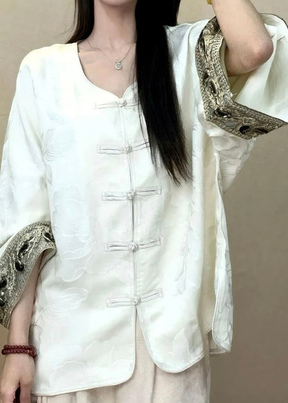 Luvik | Tyylikäs Musta Pyöreä Kaula Jacquard Nappi Silkkitakit Pitkät Hihat