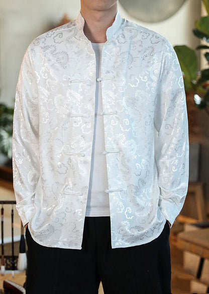 Luvik | Style Musta Korkeakauluksinen Painettu Nappi Silkkimiehet Takit Pitkät Hihat