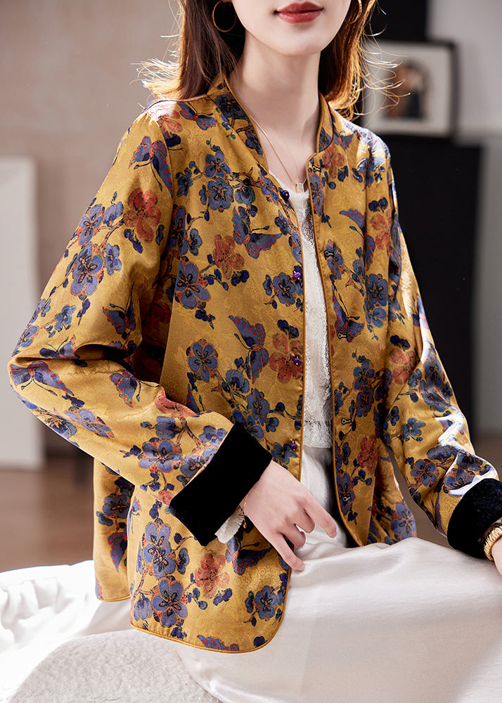 Luvik | Tyylilaji Keltainen Korkea Kaulus Jacquard Silkkitakit