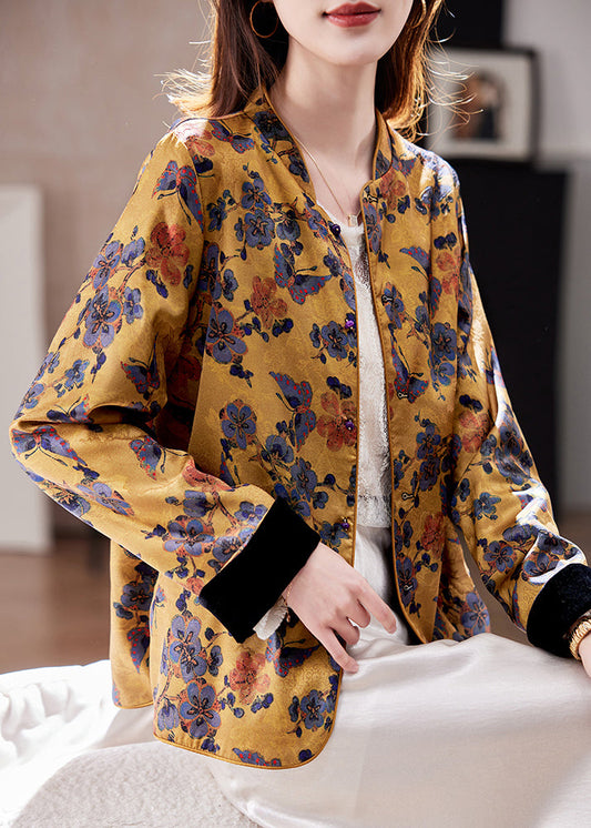 Luvik | Tyylilaji Keltainen Korkea Kaulus Jacquard Silkkitakit