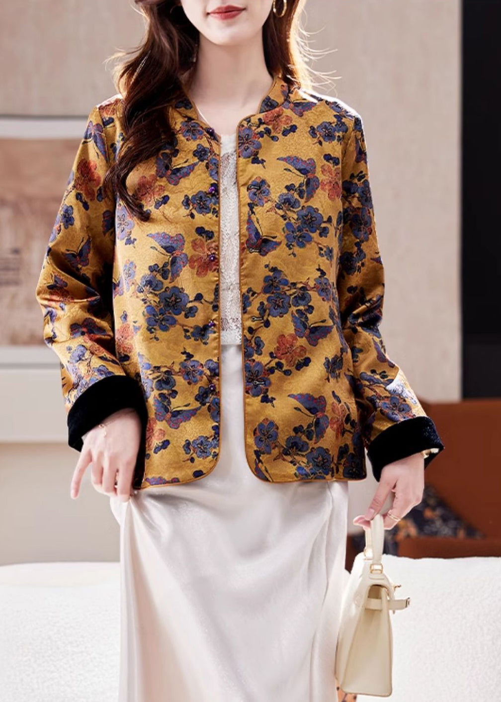 Luvik | Tyylilaji Keltainen Korkea Kaulus Jacquard Silkkitakit