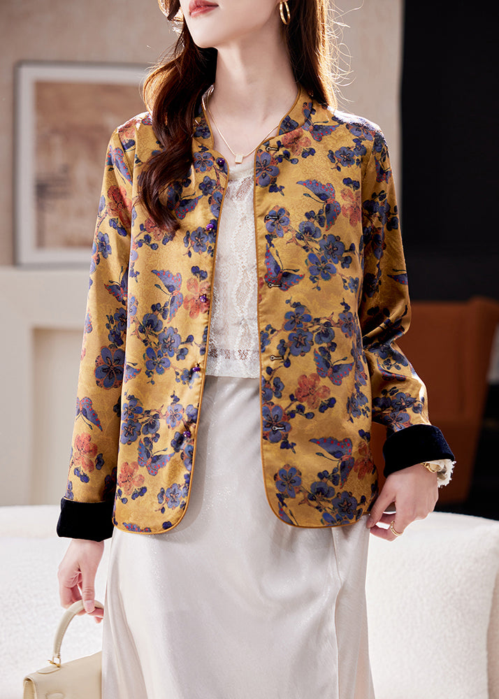 Luvik | Tyylilaji Keltainen Korkea Kaulus Jacquard Silkkitakit