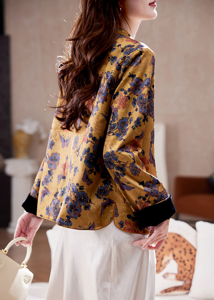 Luvik | Tyylilaji Keltainen Korkea Kaulus Jacquard Silkkitakit