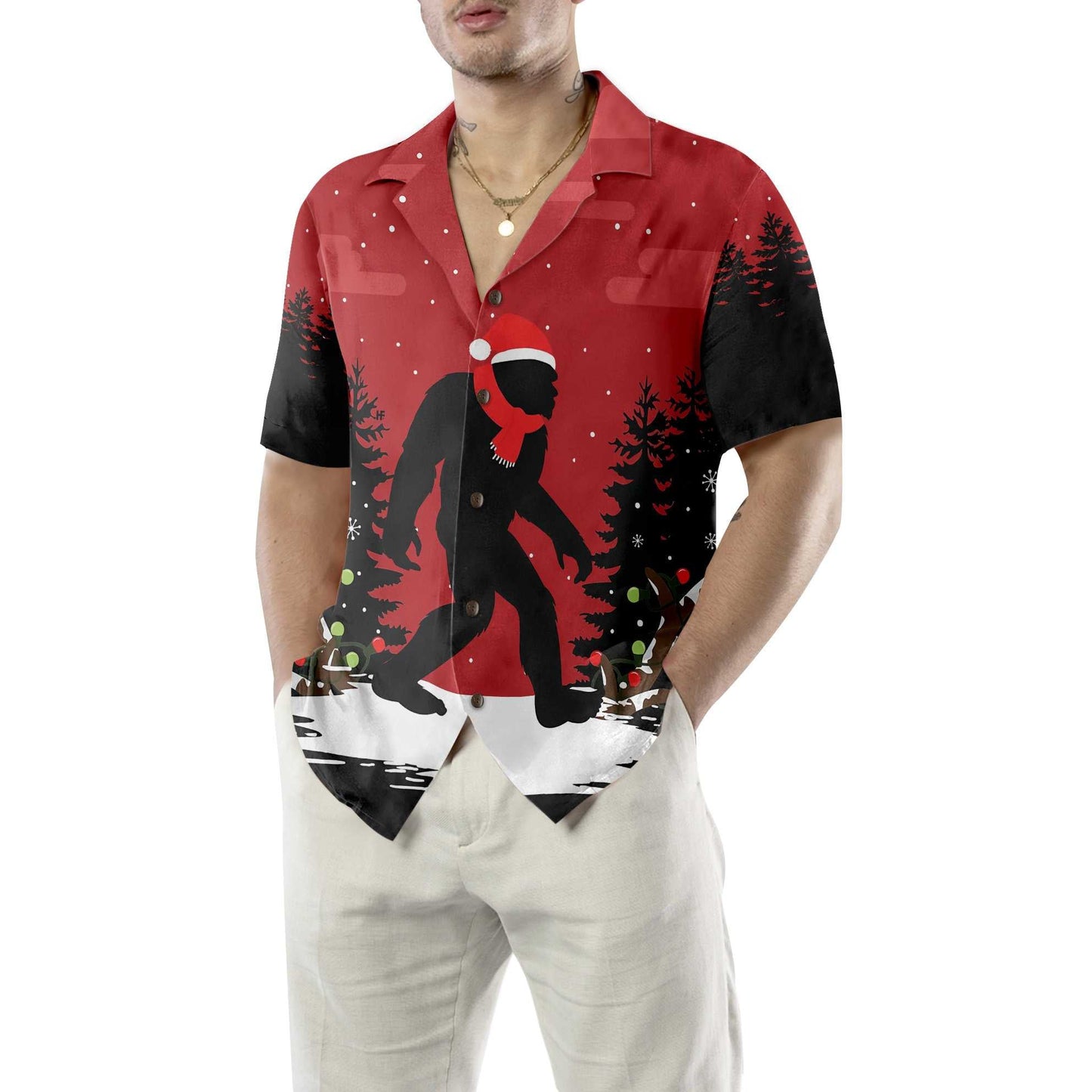 Luvik | Joulupukin Bigfoot-paitahavaijissa metsässä, hauska Bigfoot-joulupaita miehille