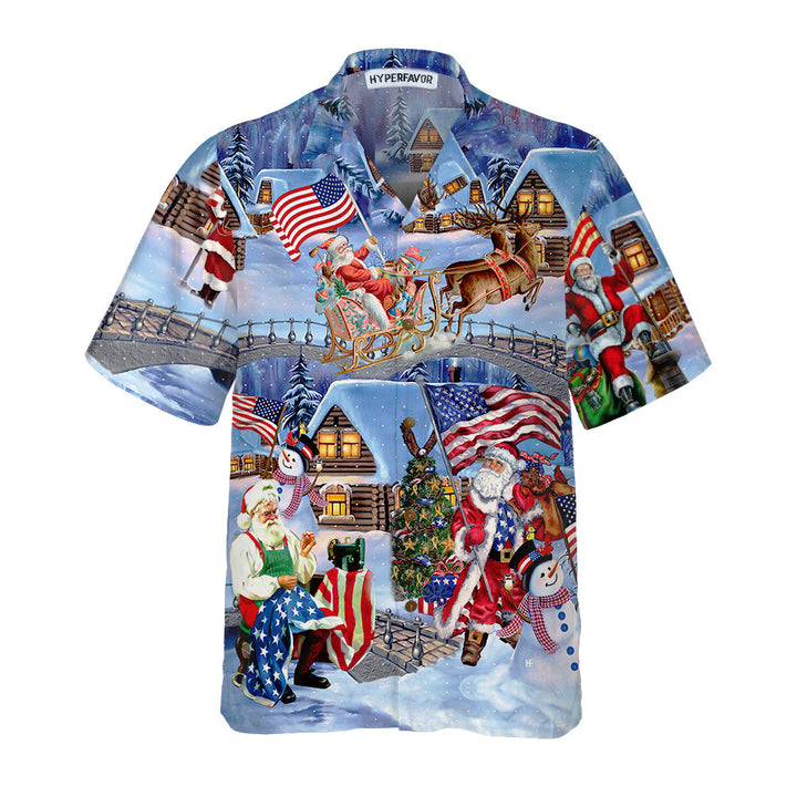 Luvik | Juleferie Santa Patriot Hawaii-shirt, juleskjorte med det amerikanske flagget, unik julegave