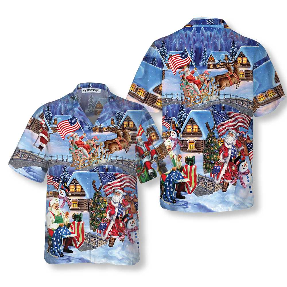 Luvik | Juleferie Santa Patriot Hawaii-shirt, juleskjorte med det amerikanske flagget, unik julegave