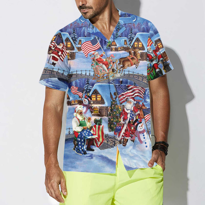 Luvik | Juleferie Santa Patriot Hawaii-shirt, juleskjorte med det amerikanske flagget, unik julegave