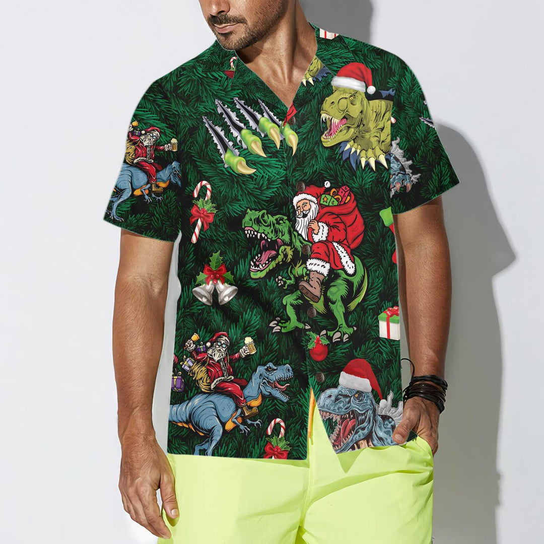 Luvik | Juleferie T-Rex Hawaii-skjorte, morsom juleskjorte med dinosaur, beste julegaveidé