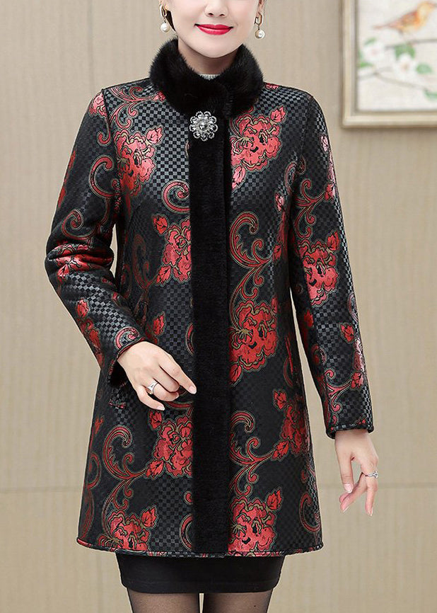 Luvik | Kultakuvioinen nahka- ja lämpökarvotakki, jossa kultakarvakaulus