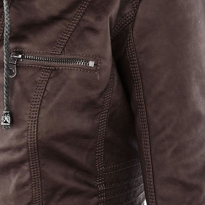 Dame biker-jakke i kunstskinn med hette | Store størrelser (L–3XL)