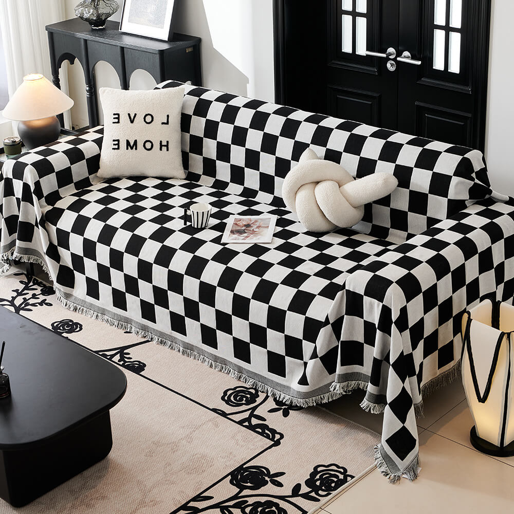 Color Block Rute Fringe Trim Sofa Blanket Cover | Luvikno