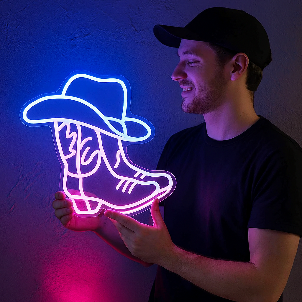 USB-drevet cowboystøvler neonskilt for westerninnredning Luvikno